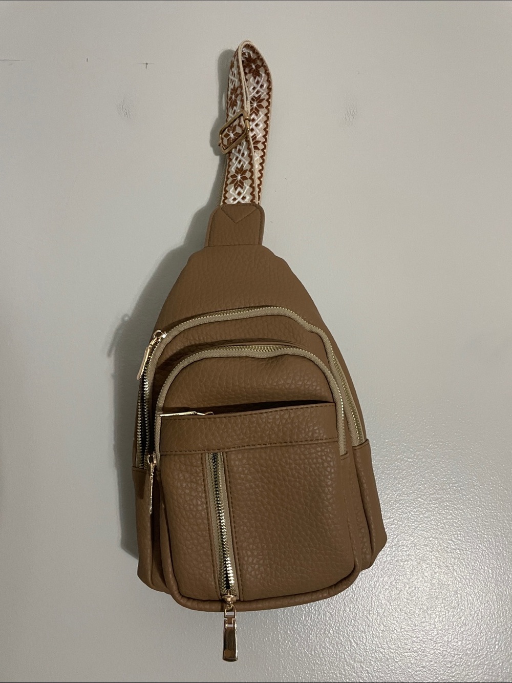 Brown Faux-Leather Crossbody Sling Bag with Woven Strap